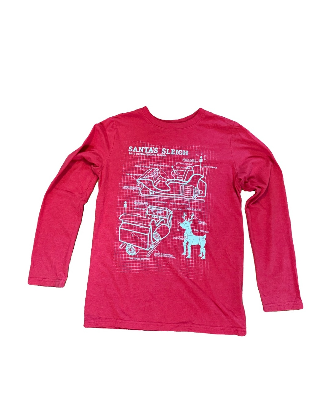 Cat & Jack Red Long-Sleeve Santa Sleigh Blueprint Tee Youth Large 12/14